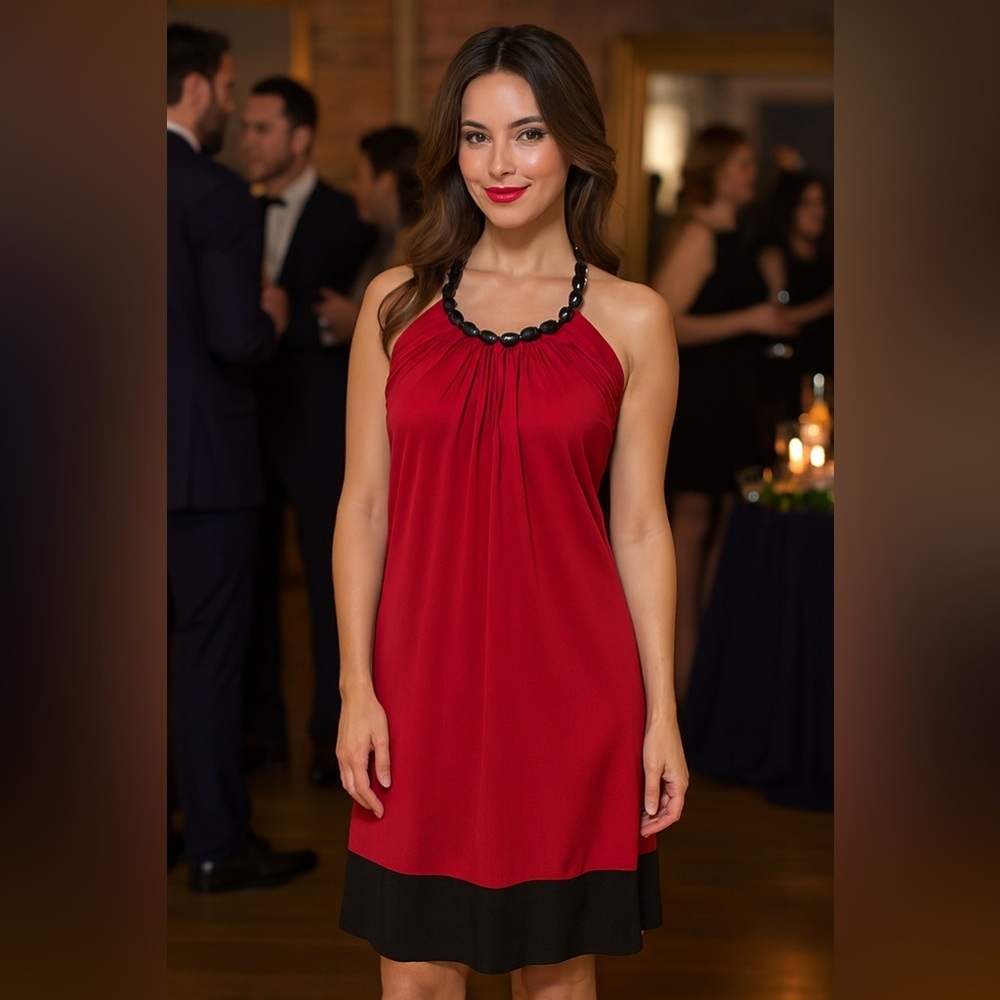 I.N. San Francisco Red Sz M Halter Dress Sleek Festive Holiday Party USA Made